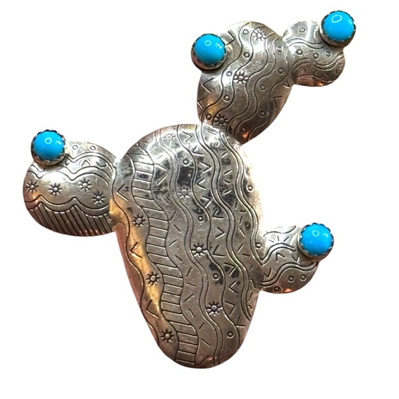 Vintage Carolyn Pollack Carlisle Silver Sterling Turquoise Cactus Pin Brooch - Picture 2 of 5
